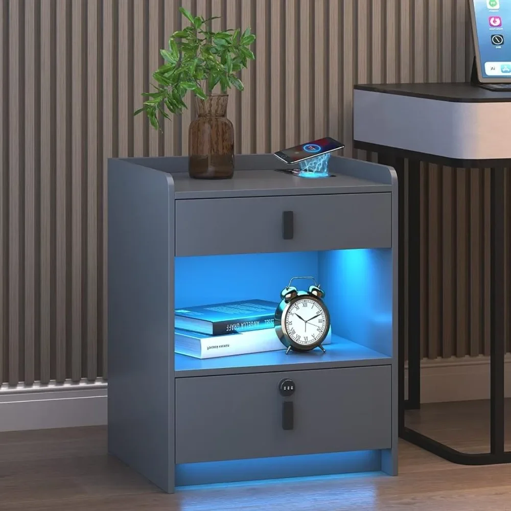 

Modern Side Table With USB Ports and Open Shelf Dresser for Bedroom Nightstand With Charging Station Buros for Recámara Grey