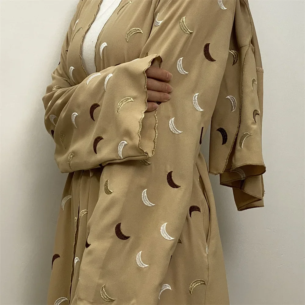 Moon Embroidery Open Abaya Ramadan Eid Kimono Abayas for Women Islamic Clothing Dubai Turkey Cardigan Muslim Hijab Dress Kaftan