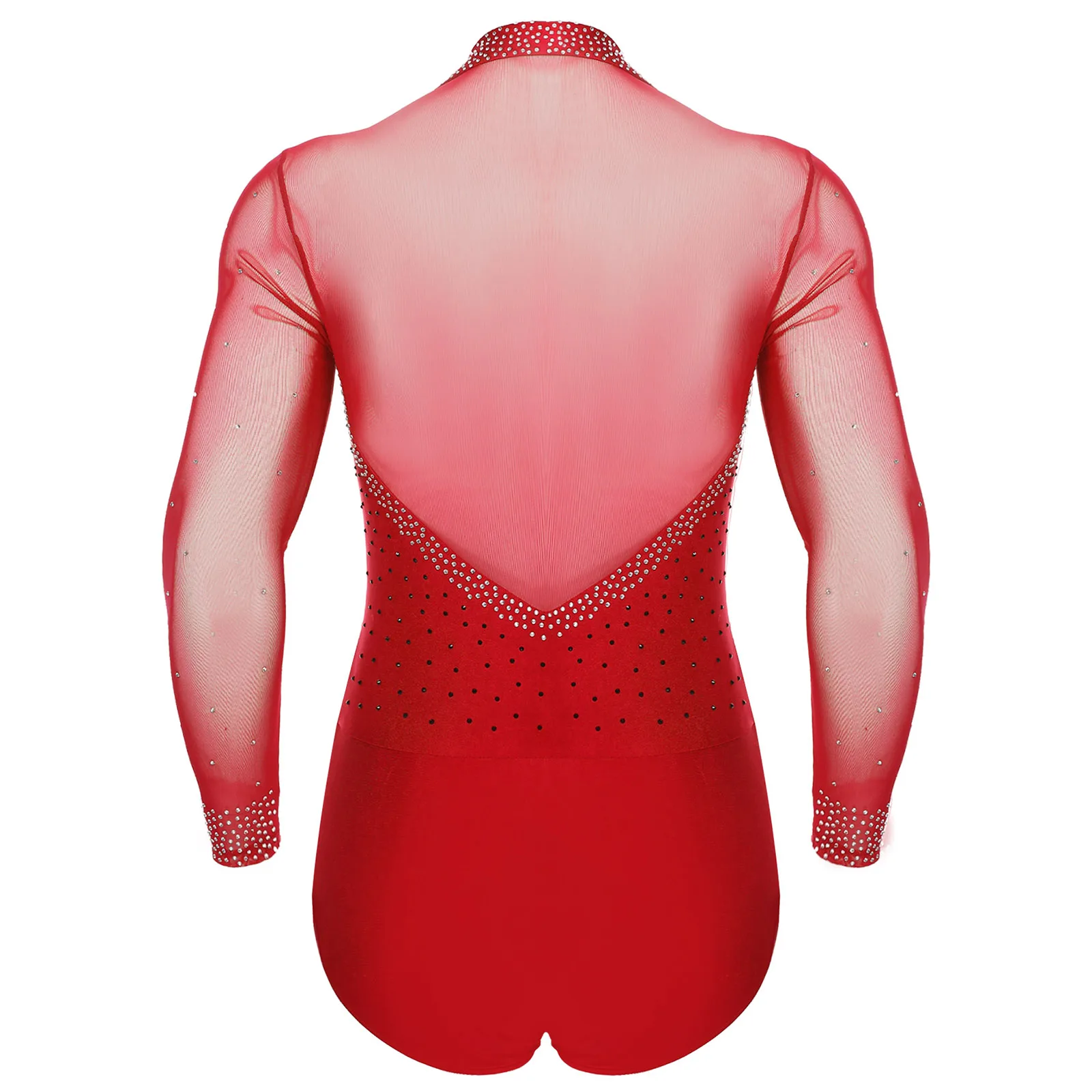 Mens Latin Tango Ballroom Dance Leotard Costume Lapel Collar Sheer Mesh Patchwork Long Sleeve Sparkly Rhinestone Bodysuit dance bodysuit