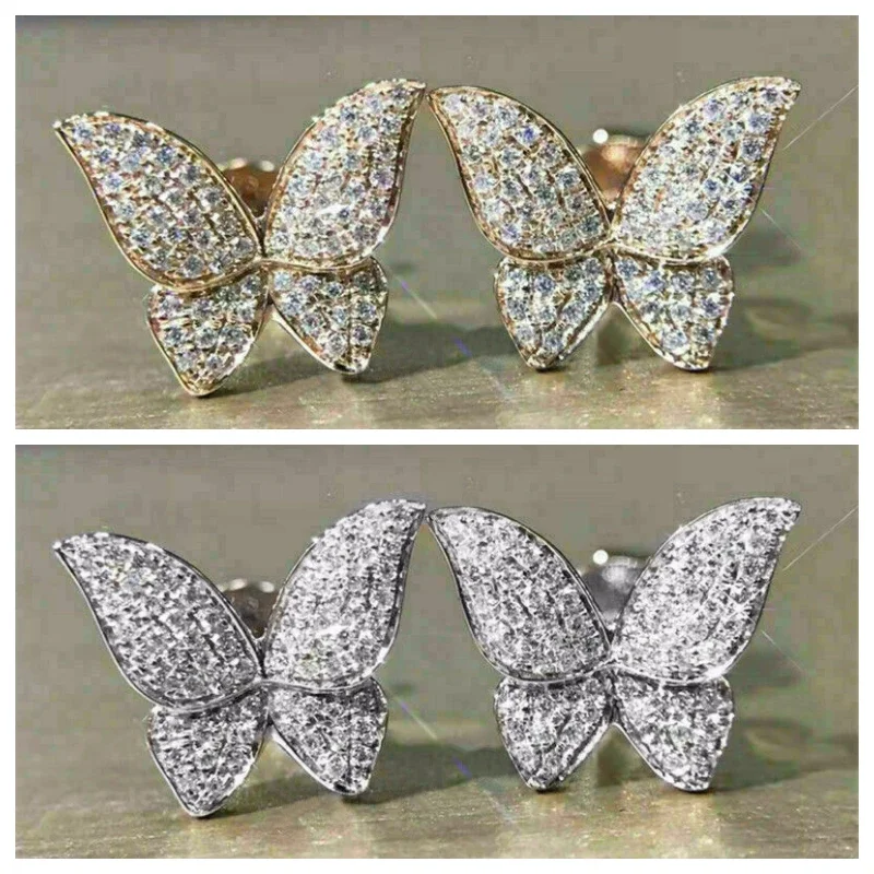 

New Fluttering Butterfly Earrings with Full Shiny CZ Statement Stud for Women Silver Color/Gold Color Trendy Jewelry