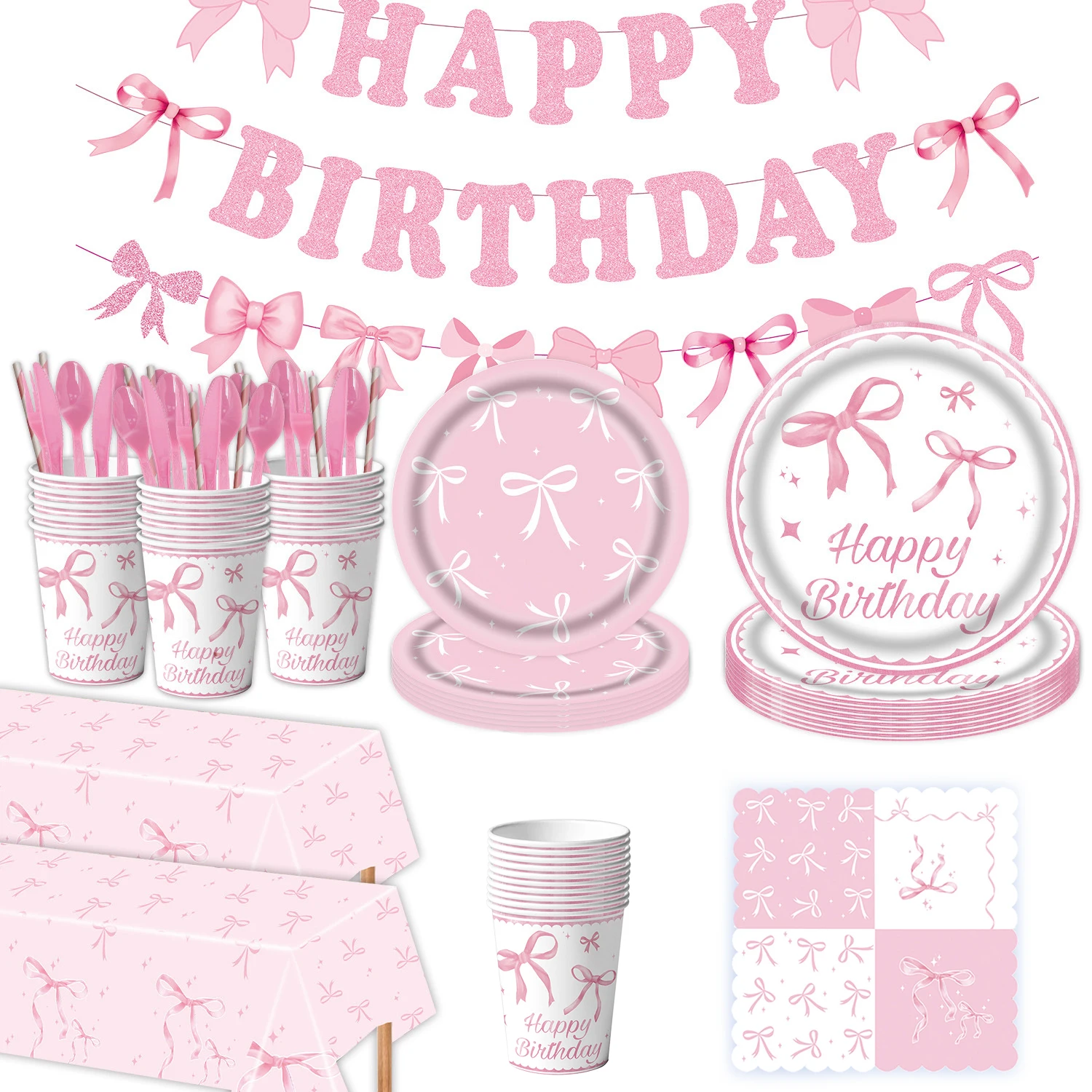 Pink bow Birthday Disposable Tableware Set Paper Plates Cups Napkins Girls Party Decoration Supplies