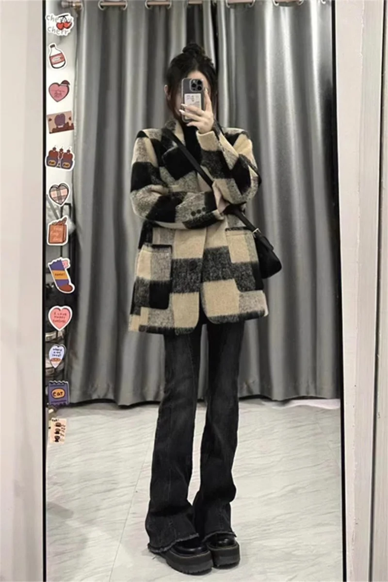 

Retro Suit Woolen Plaid Jacket Women's Spring And Autumn Thickened and High-end Korean Design Lazy Style Small Suit