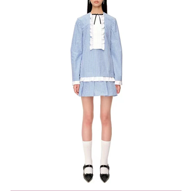 

Женская рубашка с длинным рукавом, винтажное повседневное плиссированное платье в синюю клетку, белого цвета с деревянными ушками, 2023
