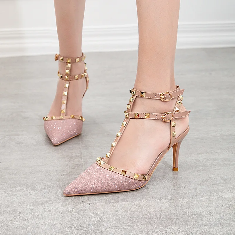 

2022 Ankle Prom Zapatillas Rivet High Heeled Shoes Women's Thin Heel 2021 Spring New Pointed Versatile Net Red Sexy Women's