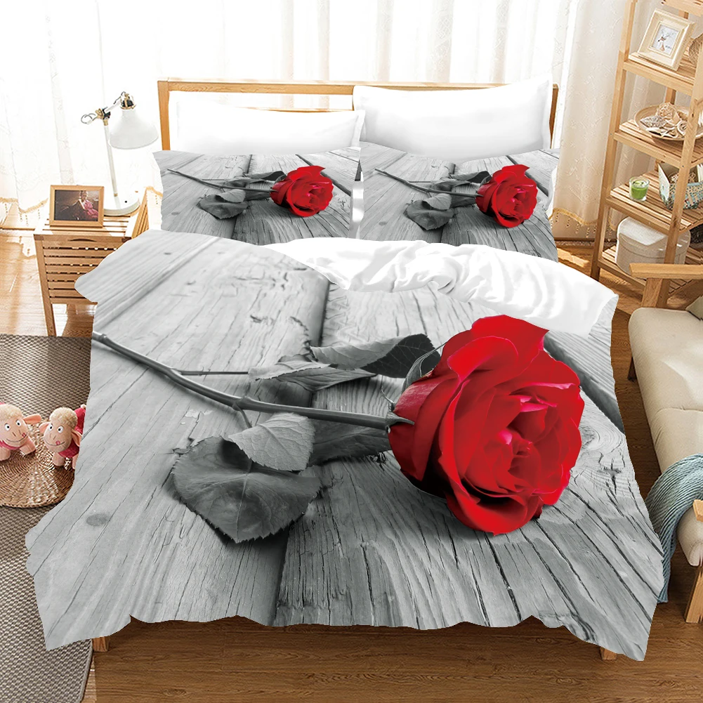 

3D Valentine's Day Rose Digital Printed Duvet Cover With Pillow Bedding Three-Piece Set, Bedroom Romantic Decoration Kit