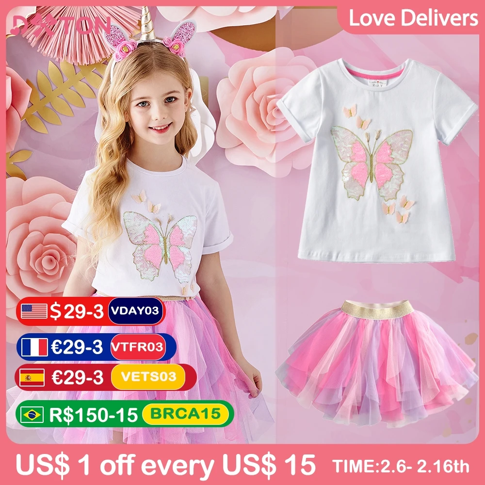 

DXTON Girls Butterfly Appliqued Cotton Round Neck T-Shirt and Irregular Princess Skirt 2 pcs Sets Summer Children's Clothes Sets
