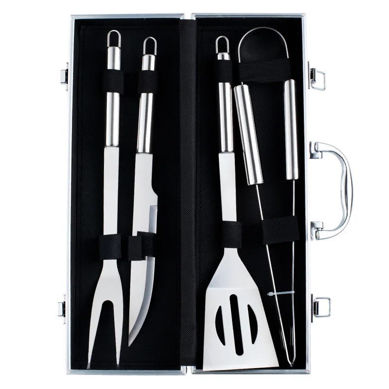 

Набор инструментов для барбекю в алюминиевой коробке, уличный инструмент для барбекю из нержавеющей стали, нож, вилка, лопата, зажим и щетка для барбекю