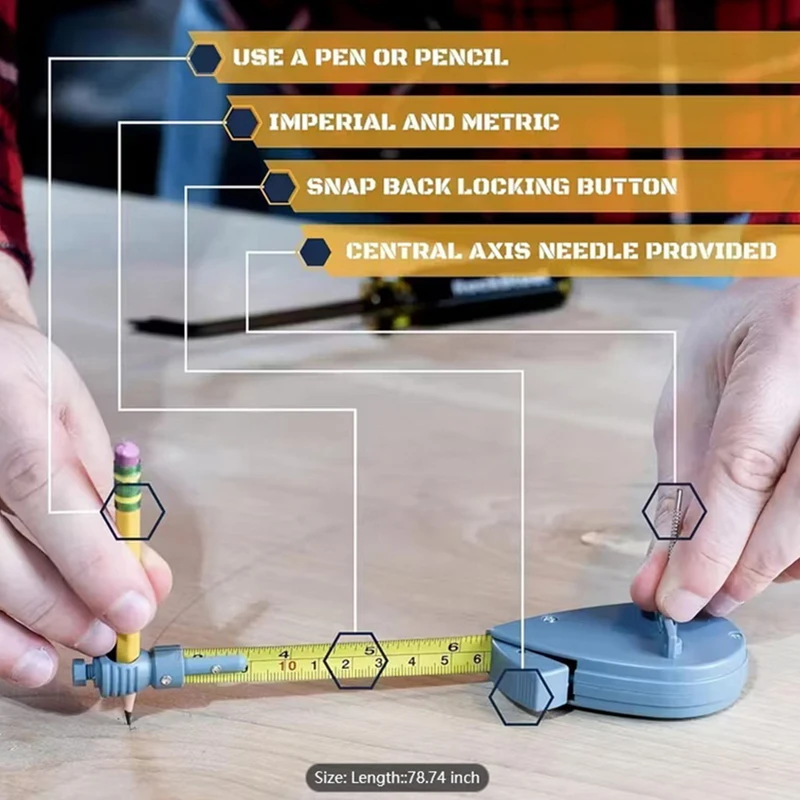 Professional 2M Rotape Compass Tape Measure with 10 Pencil Leads and Versatile Fixable Button