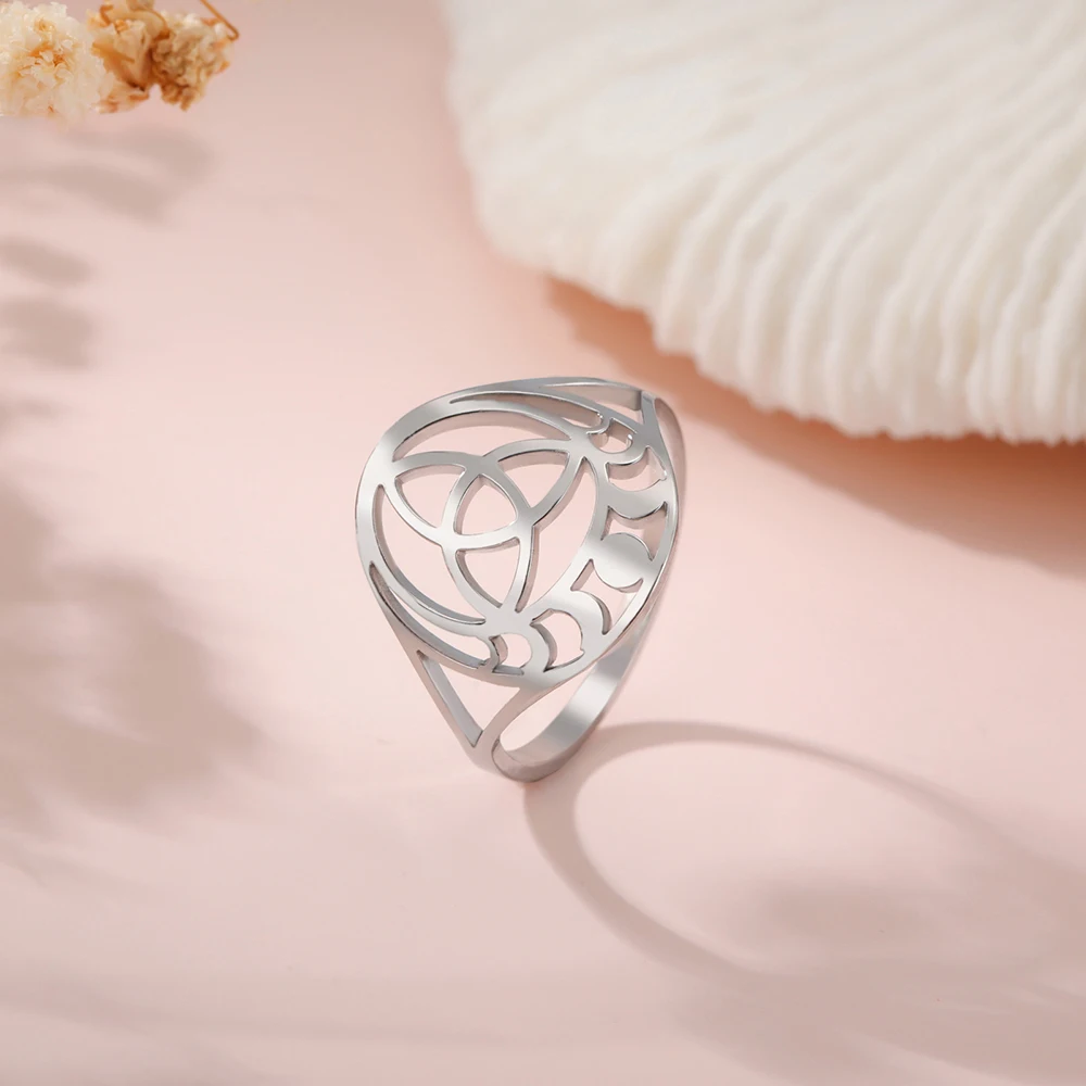 Dawapara Triquetra Trinity Knot Ring Celtics Knot Mondphase Mondsymbol Geometrischer Ausschnitt Edelstahl Wicca Fingerring – Detail 8