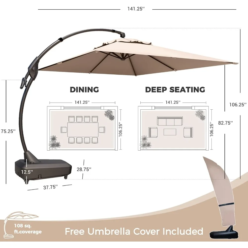 9x12 FT Cantilever Umbrella with Base & Cover Outdoor Aluminum Rectangle Offset Umbrellas for Deck Yard (Champagne, 2