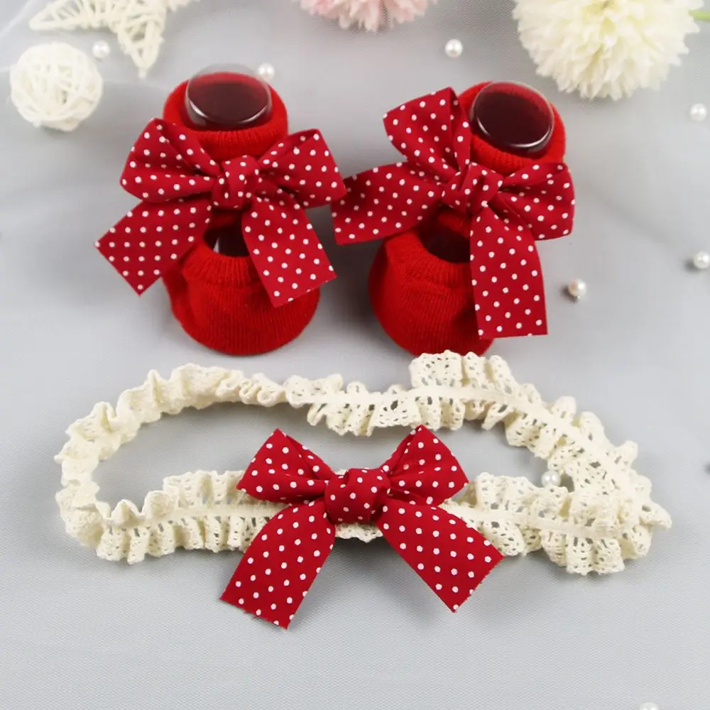

Christmas Gift Red Heart Cotton Striped Toddler Floor Socks Socks Headband Set Newborn Baby Girl Socks Infant Anti Slip Socks