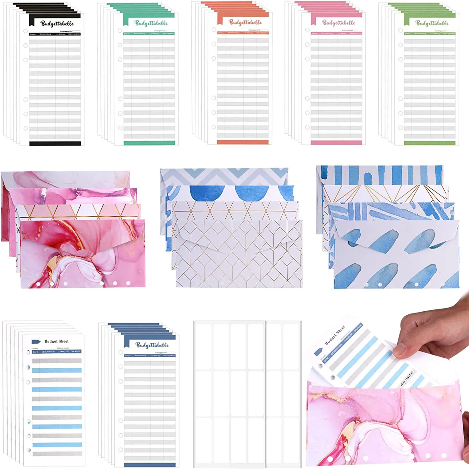 62 Pcs Budget Cash Envelopes for A6 Binder Envelopes Wallet Budget Planner Organizer with Expense Tracker Sheets,Label Stickers.