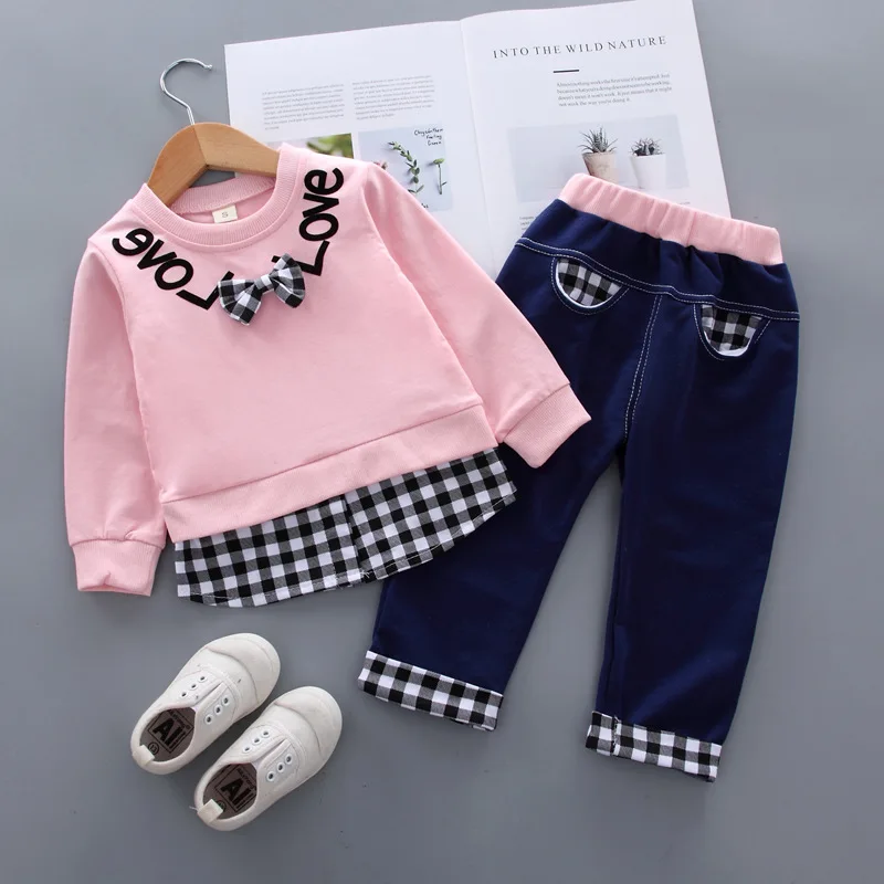 Clothing set bow tie accessories patchwork spring autumn sweatshirt+jeans girl 0-4 Age fashionable Korean version child clothing