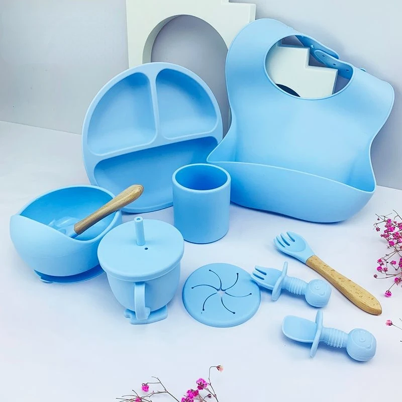 

3-9PCS/Set Baby Silicone Tableware Set Baby Feeding Dishes BPA Free Bowl Plate Bibs Spoon Fork Sets Children Non-slip Dinnerware