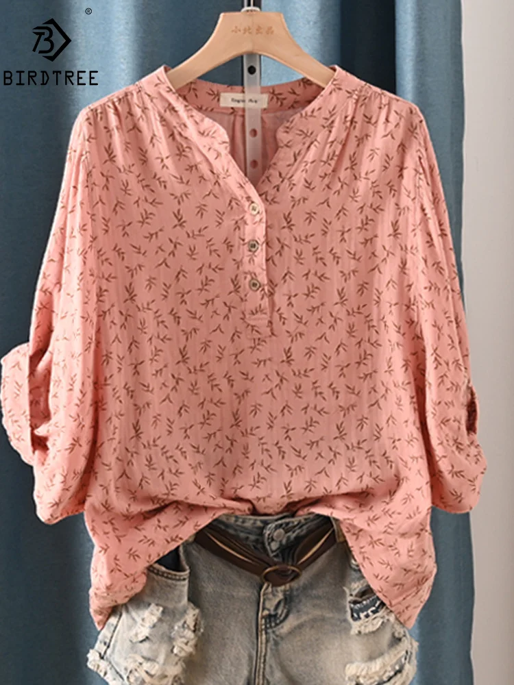 848930-eb2729.png New Spring 100% Cotton Casual Shirt Women Batwing Sleeve Stand Collar Printed Top Girl OL Loose Blouses 2024 Summer T447104QM - Image 1