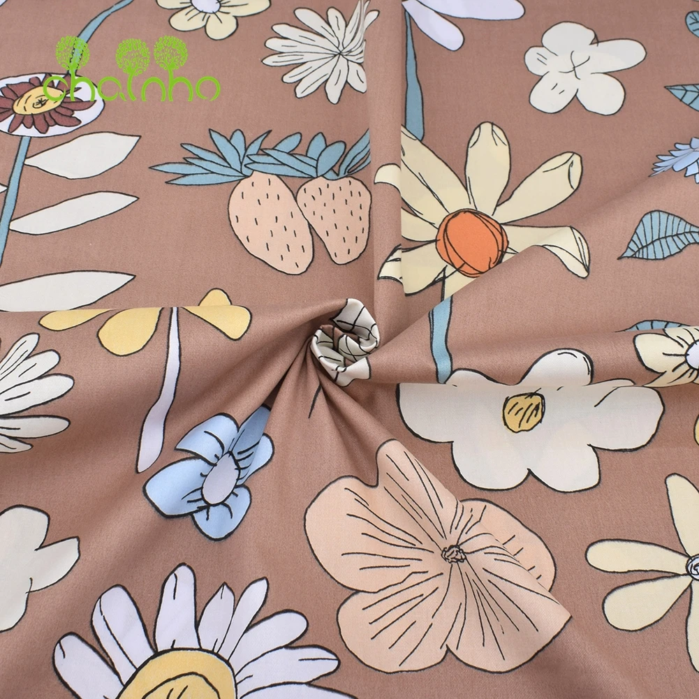 Chainho,Printed Twill Weave Cotton Fabric,DIY Sewing Quilting Material,Patchwork Cloth,Brown Floral Series,2 Sizes,15C255