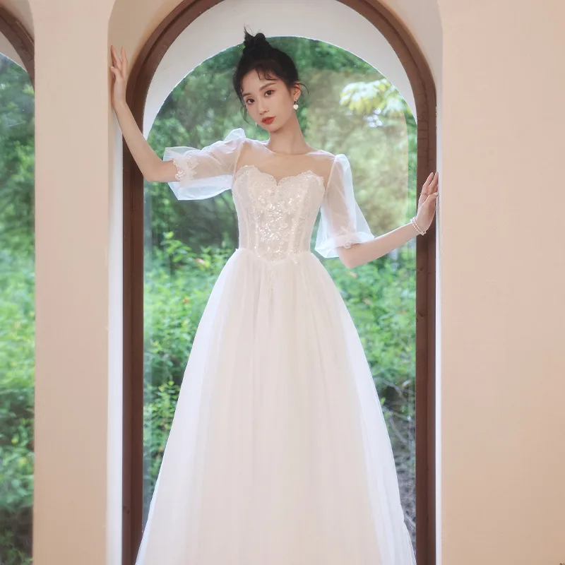 

Elegant Mesh O-Neack Puff Sleeve Applique Back Banding Bride Bridesmaid Gowns Party Banquet Female Dresses Cheongsam