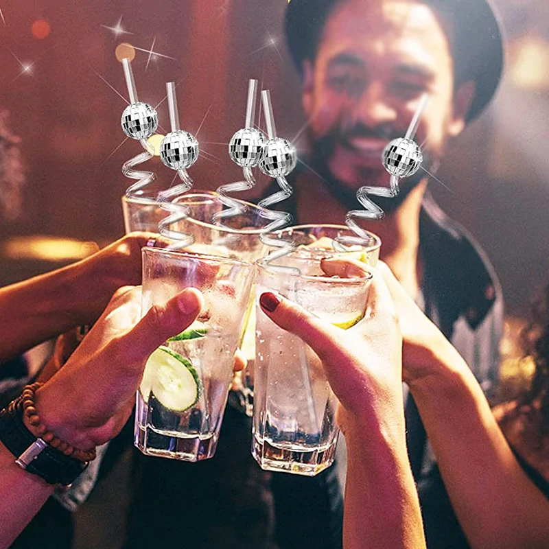 Mirror Ball Straws 6pcs Mirror ball party straw reflective ball screw straw disco personality elbow party decoration mirror