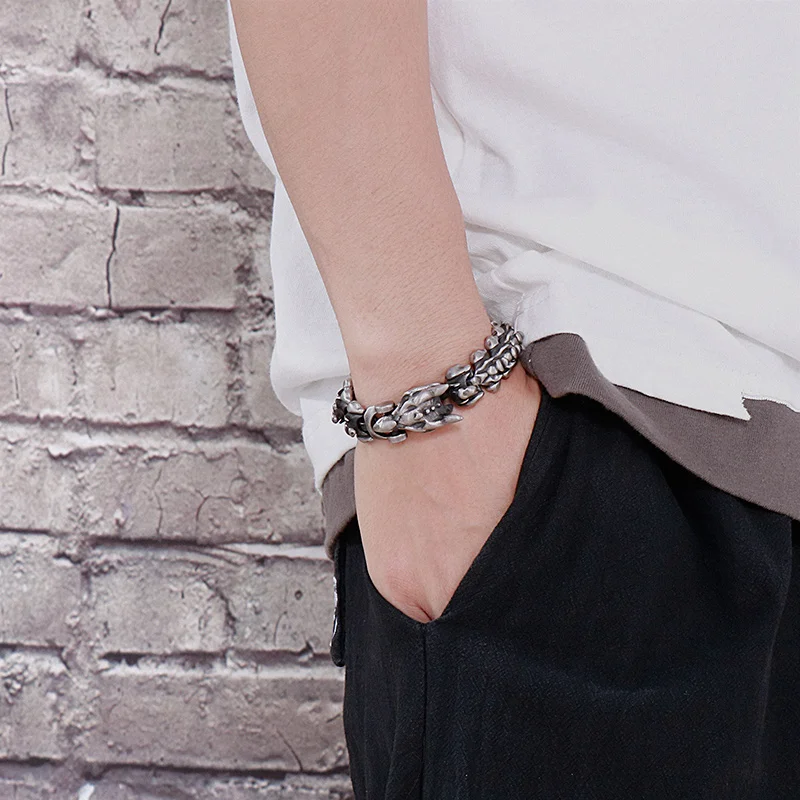 Fongten 21cm Dragon Charm Bracelet For Men Stainless Steel Bone Chain Bangle Bracelets Silver Color Male Gothic Jewelry