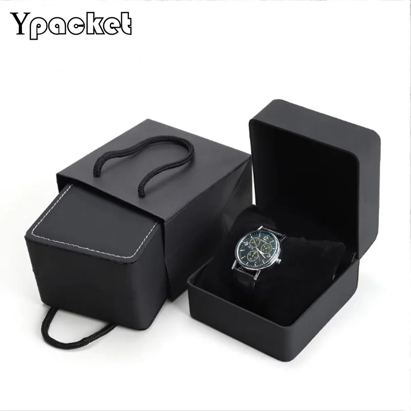 High Quality Black Jewelry Organizer Box Engagement PU Watch Boxes Wedding Birthday Paper Handle Bag Party Gift Carrying Cases