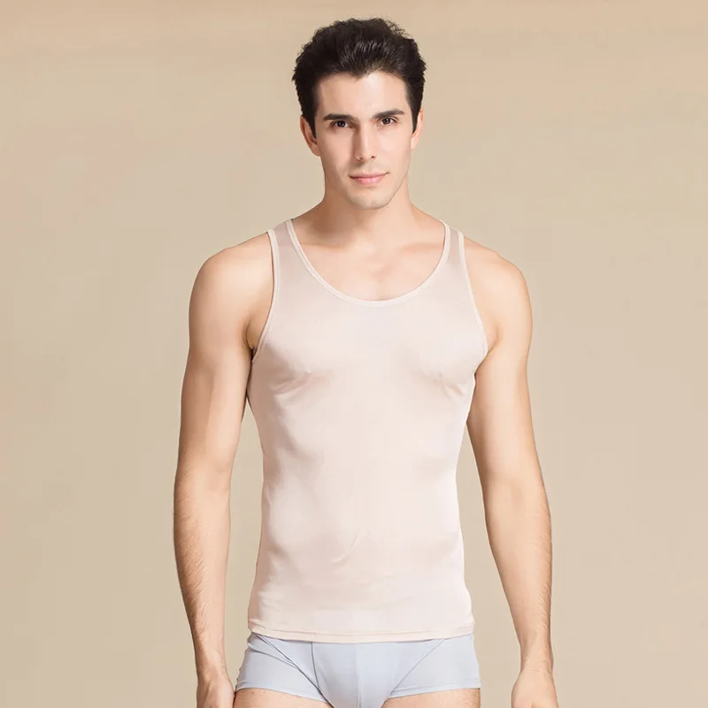Birdsky, 1PC Men sleeveless top vest underwear sleep tops O neck 30% real mulberry silk 70% viscose 7 solid colors. S-938