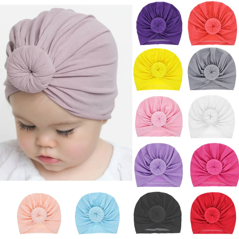 InfantTurbanBabyHatSolidColorDonutNewbornBeanieSoftCottonHeadWrapsTurbansfor