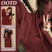 Sweet Cotton Sleepwear Women's Long Sleeve round Neck Home Clothes Comfortable Polyester Floral Print Pyjamas Red Polka Dot