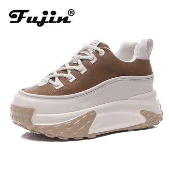 Fujin 7cm 암소 정품 가죽 플러시 따뜻한 플랫폼 웨지 히든 힐 스니커즈, 청키 여성 혼합 색상 신발, 가을 봄 겨울