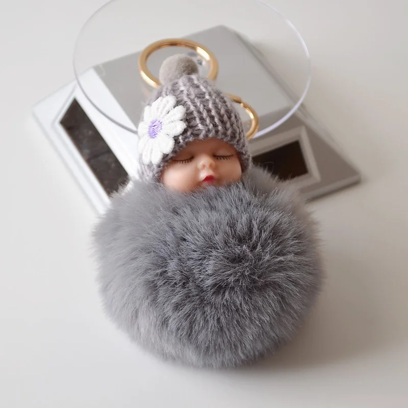 

Baby Doll Toy Cute Sleeping Baby Doll Key Chains For Women Bag Toy Key Ring Fluffy Pom Pom Faux Fur Plush Keychains Unique Gift