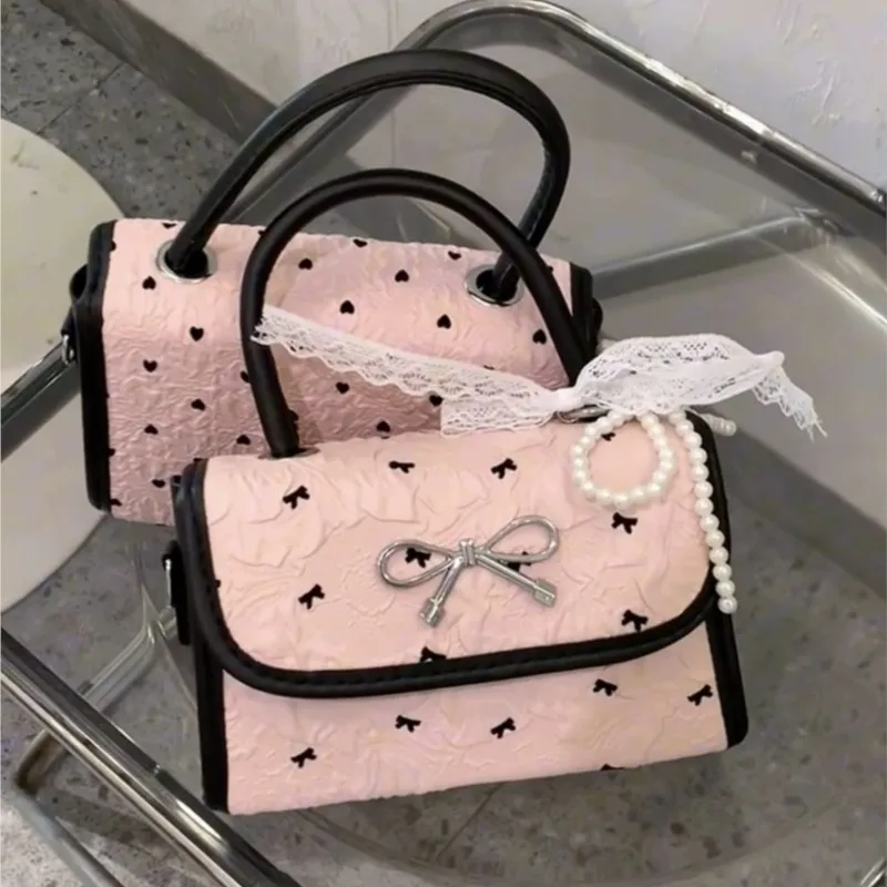 Korean Style Sweet Cute Bow Handbag Women Pleated Lace Gentle Shoulder Bags Ladies Lovely Print Pattern Exquisite Crossbody Bag