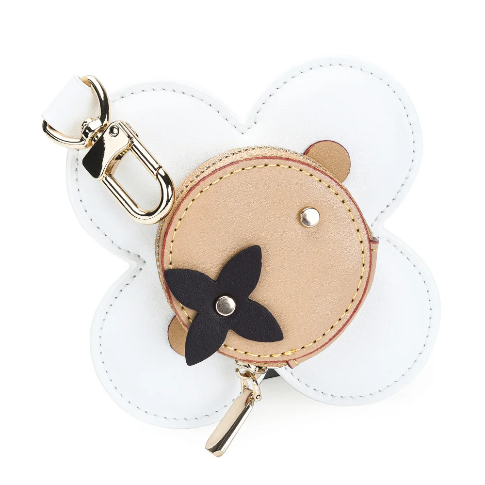 Floral Leather Coin Purse | Handmade Genuine Leather Bag Charm & Keychain | Unique Zippered Pouch with Decorative Grommets