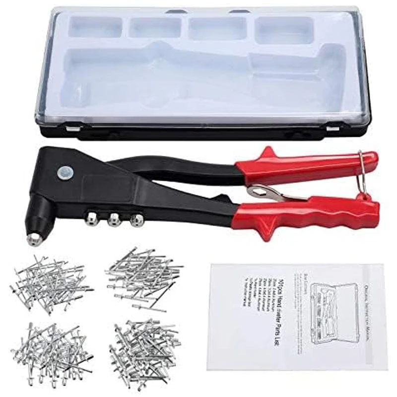 

Professional Pop Rivet Gun Heavy Duty Hand Riveter Kit Rivet Tool with 200 Rivets four Sizes for Metal Wooden and Plastic