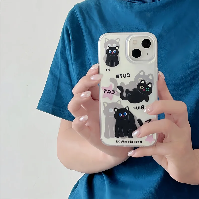 2pcs Black Cat Pattern Phone Case For Iphone 11 12 13 14 Pro Max