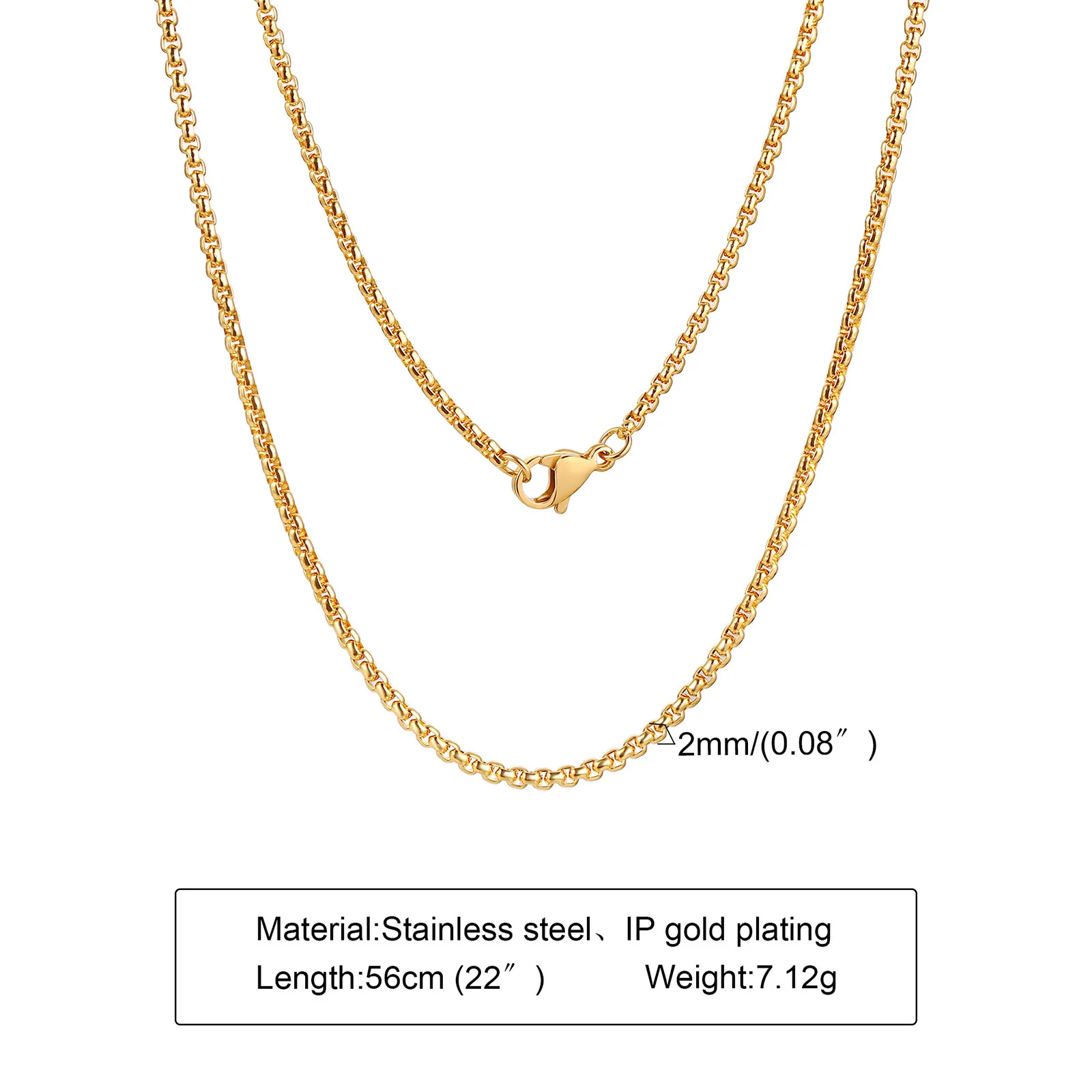 Sleek Round Box Chain Necklace - Gold, Silver, Black Plated Stainless Steel, Unisex Jewelry Gift, Adjustable Length