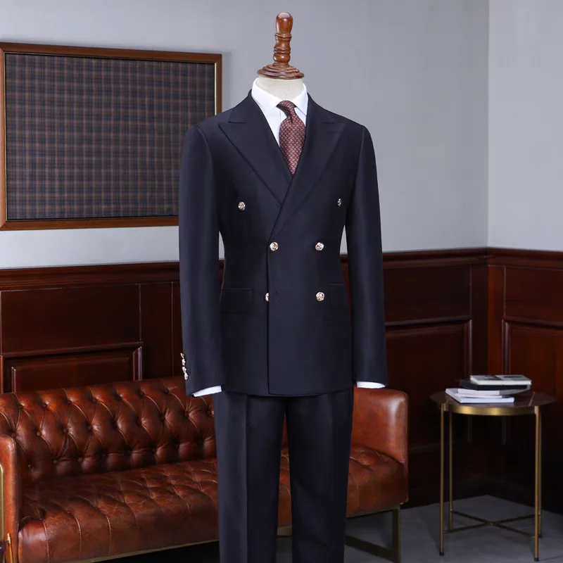 Double Breasted Navy Blue Men Wedding Suit Groom Tuxedo Blazer Pants formal Party Business Office Male Set
