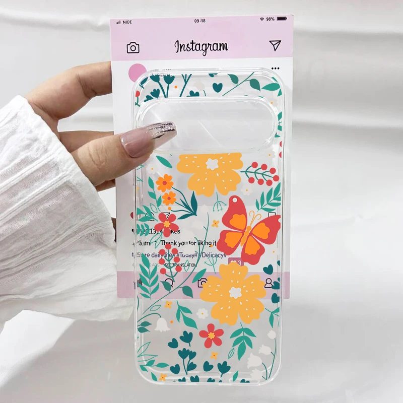 Retro Blue Leaf & Pink Rose Floral Clear Phone Case - Soft TPU Cover Shell