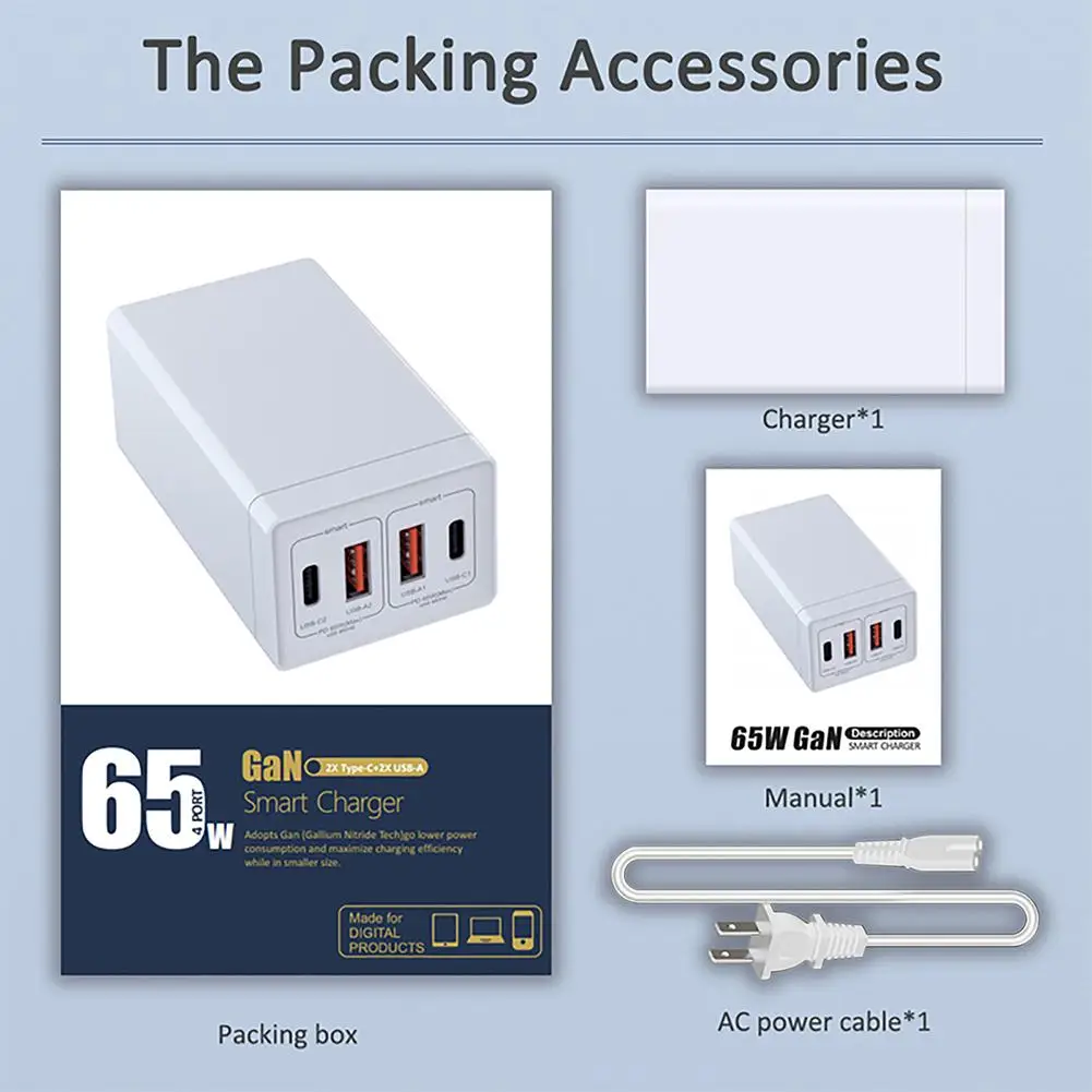 65W GaN  4-in-1   Usb 2c + 2a Pd  Usb  (Ʈ ) QC3.0    
