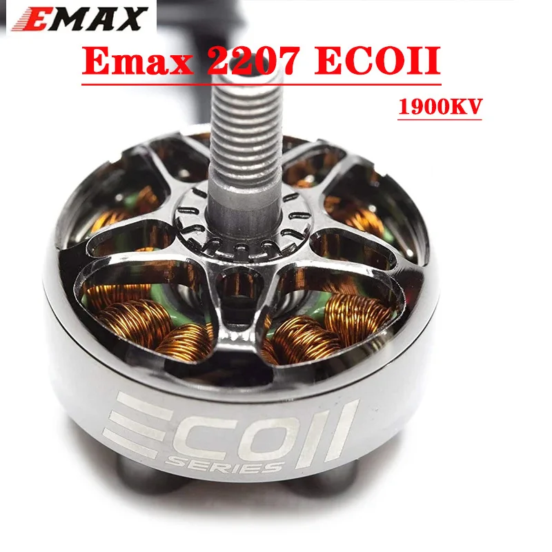 Moteur sans balais EMAX ECO II 2207 6S pour drone de course, montrant les pales et l'axe central.