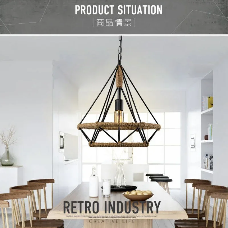 

Retro Industrial Chandelier Russian Attic Cage Diamond-shaped Hemp Rope Dining Room Living Kitchen Bedroom Black Rope Lamp