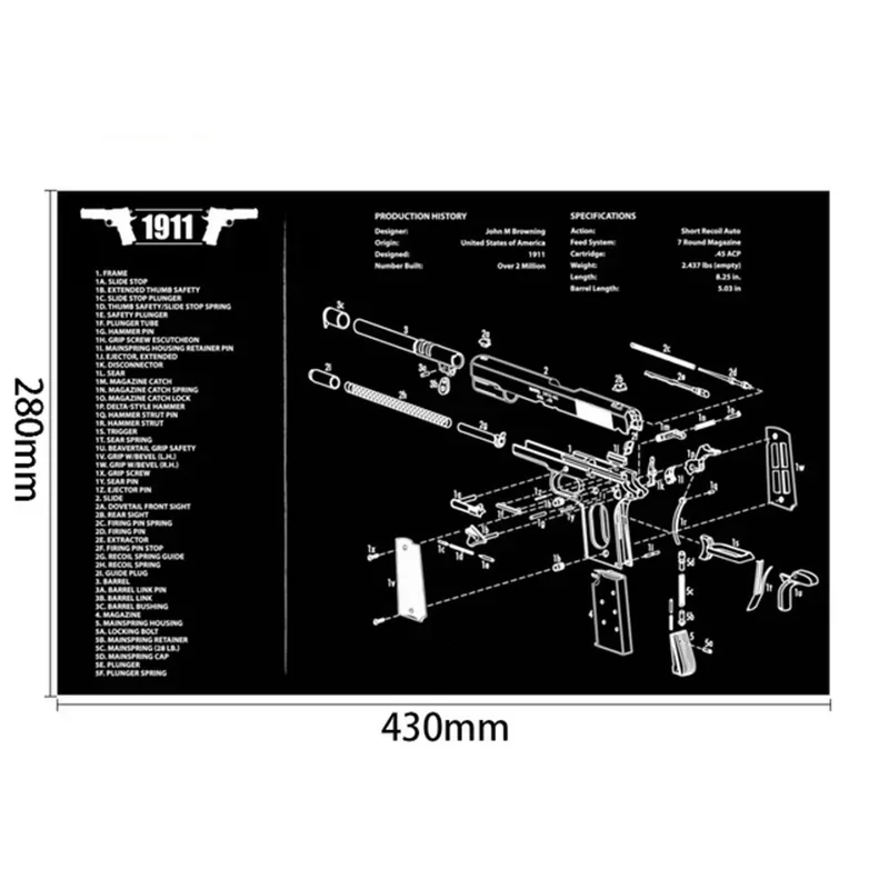 280x430mm Gun Cleaning Rubber Mat With Parts Diagram Instructions Mouse Pad For 1911 Glock HK USP M92 P220 226 3