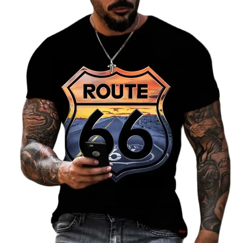 

Summer New Men'S 3d Printed T-Shirt Us Route 66 Letter Graphics Retro Fashion Casual Loose O Neck Short Sleeve Plus Size Top