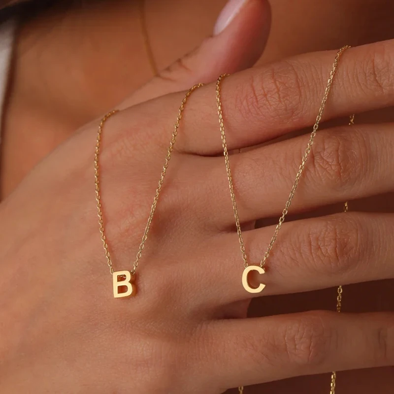 Stainless Steel Initial Necklace Gold Color Cut Letters Single Name Choker Necklace Women Pendant Jewelry Gift