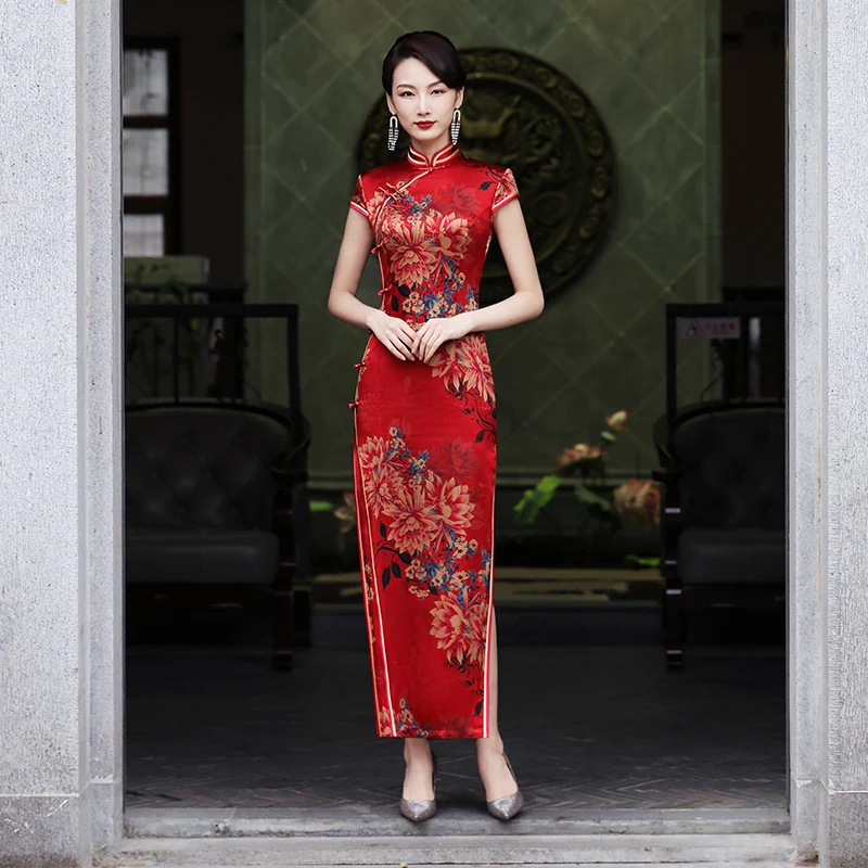 Chinese Dress Vestidos Orientais Silk Qipao Evening Dresses Red