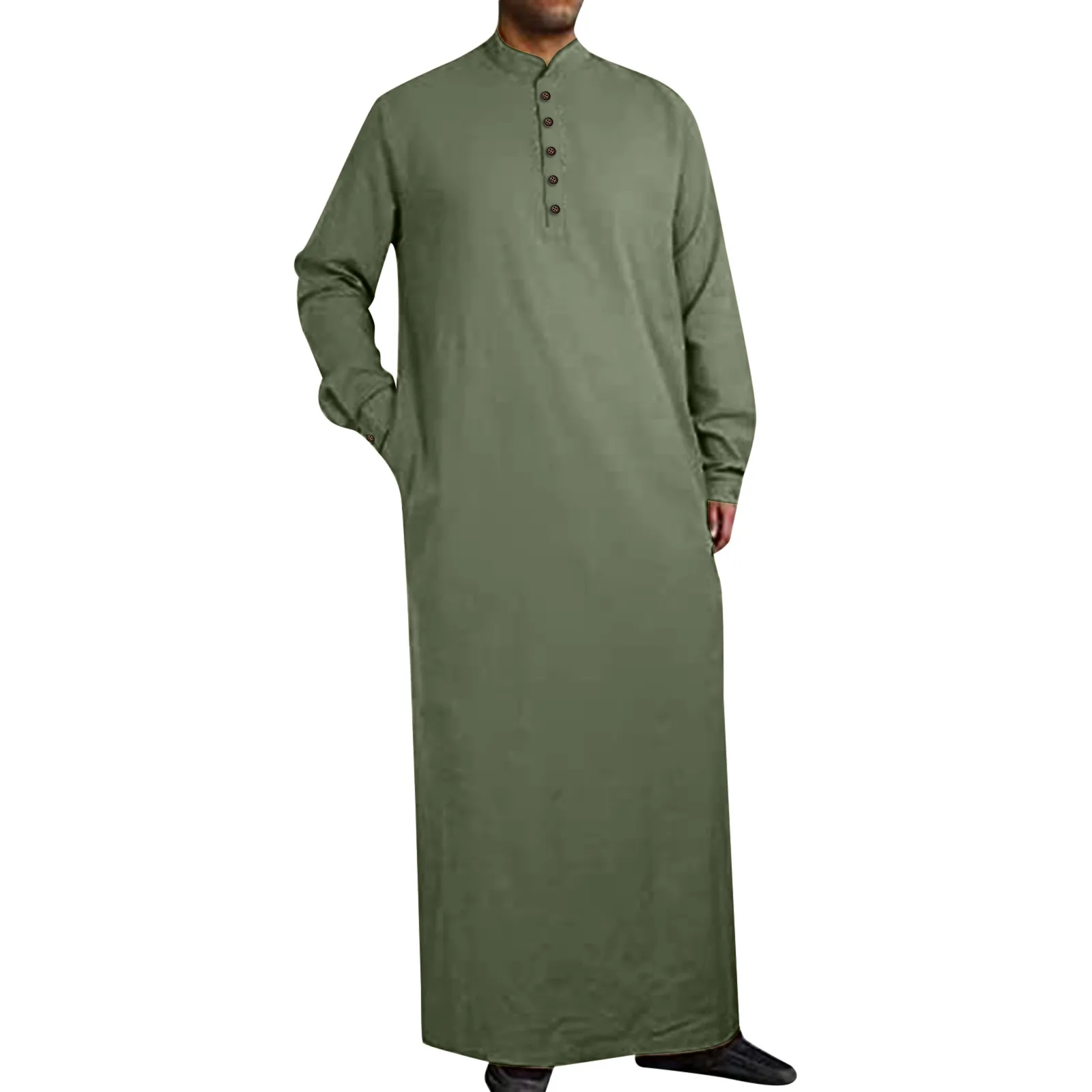 Mens Middle Arabic Style Simple Long Mens Button Muslim Robe Long Sleeve Robe Side Slit Robe Button Pocket Robe