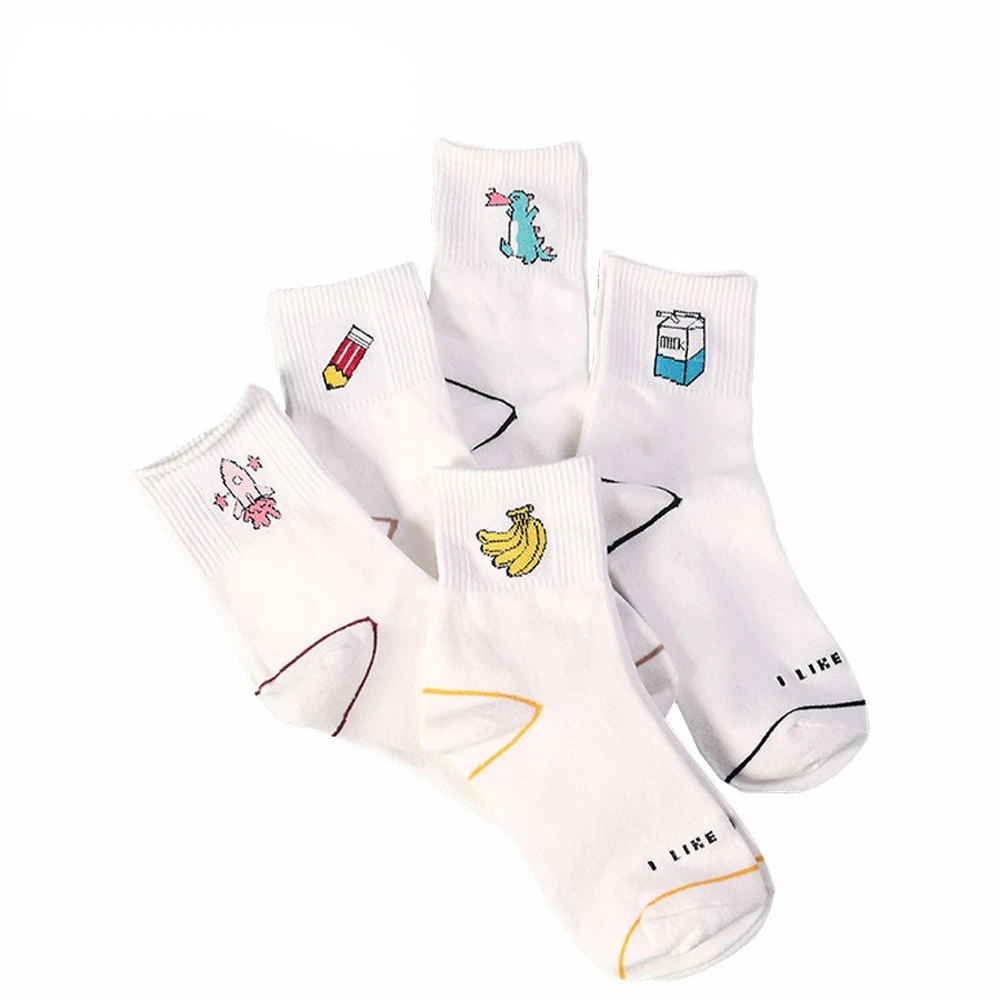 

Women Kawaii Milk Banana Dinosaur Pencil Rocket Cartoon Socks Novelty Illustration Letter White Cute Cotton Cycling Socks