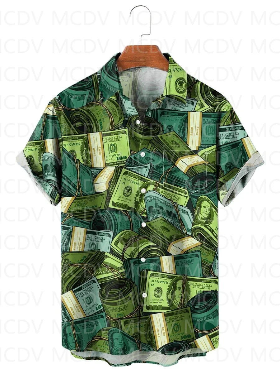 Dollar Rolls Pattern Chest Pocket Aloha Tie Dye Hippie Peace And Love Graphic Men's Vacation Beach Hawaiian Shirts