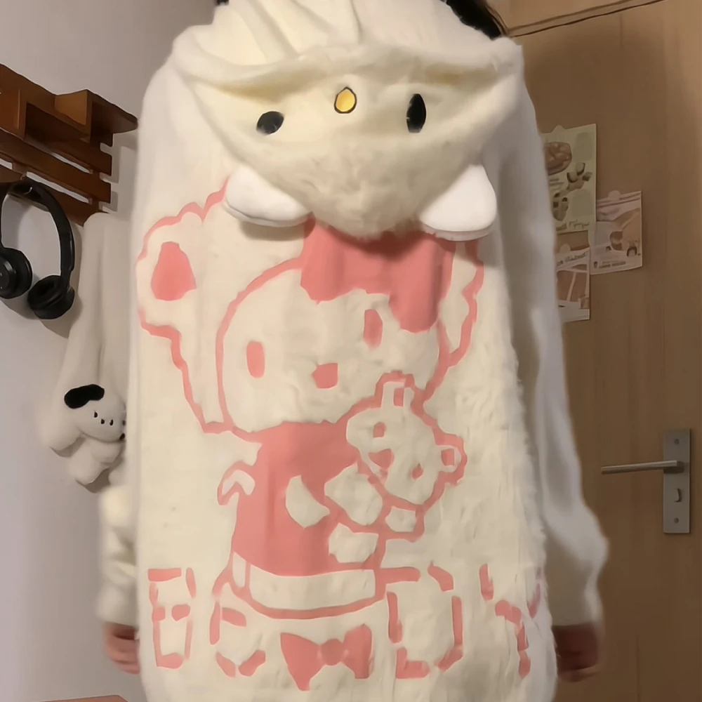 

Anime Sanrio Kawaii Hello Kitty Jacket Cute Cartoon Loose Plush Jacket Fall and Winter Girls Warm Knit Sweater Birthday Gift