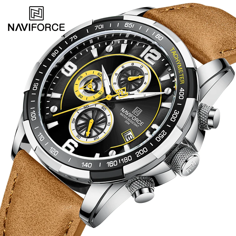 NAVIFORCE 2022 New Chronograph Military Sports Watch for Men Waterproof Genuine Leather  Wristwatches Quartz Luminous Male Clock