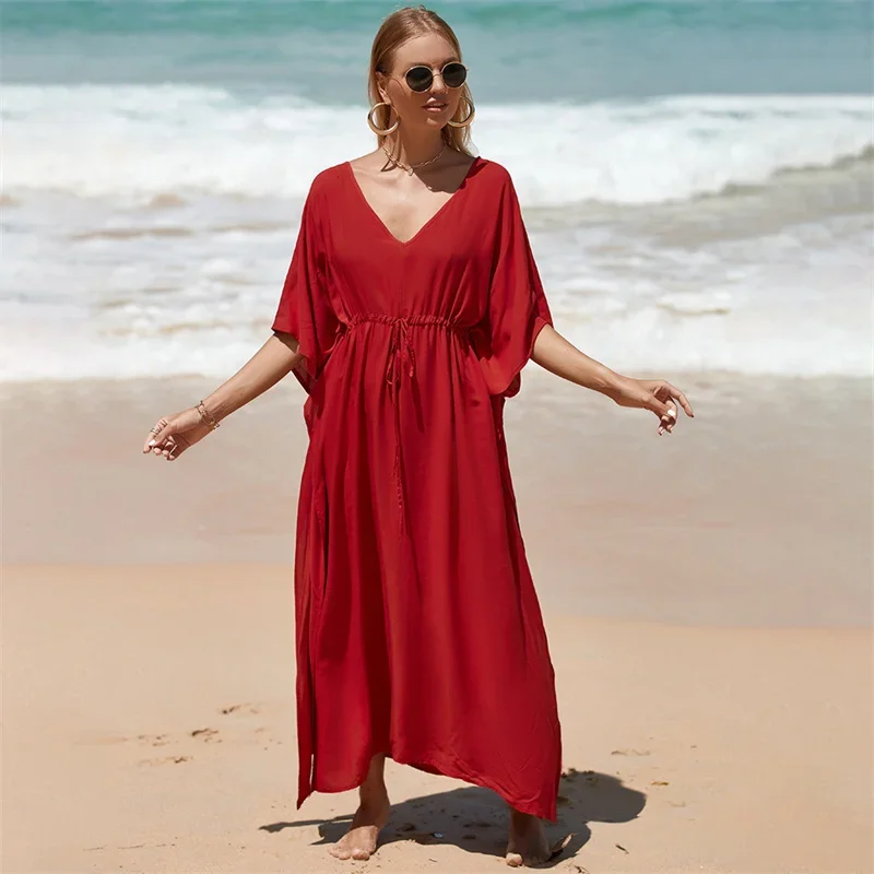 Solid Color High Waist Drawstring Lace-up Beachwear Women's Side Split Hem Cover-ups Female Holiday Robe Sun Protection Cover Up