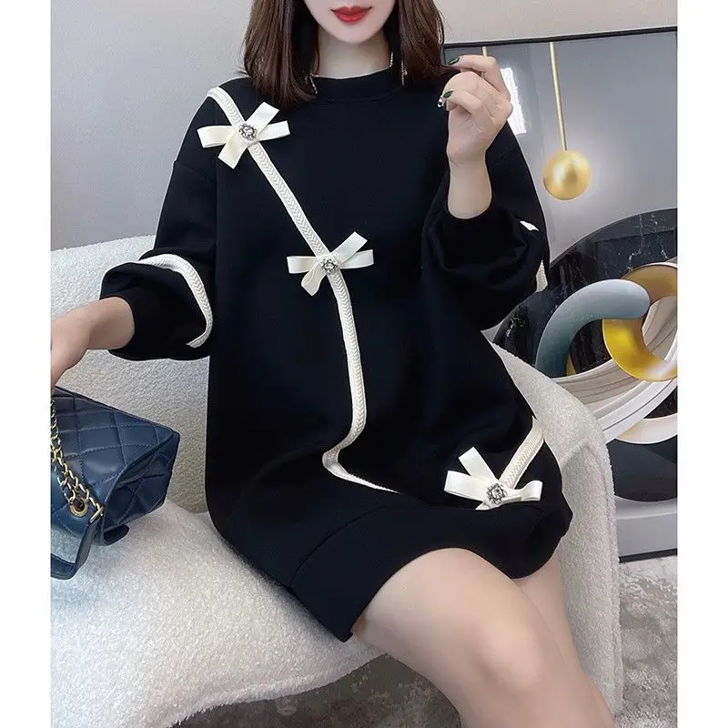 fashion o neck loose full sleeve women sweater long dress autumn winter knitted dress casual straight female party vestidos 2021 Women's Autumn Winter Round Neck Bow Vestidos De Fiesta Long Sleeve Fashion Female Clothes Chic Casual Versatile Elegant Dress